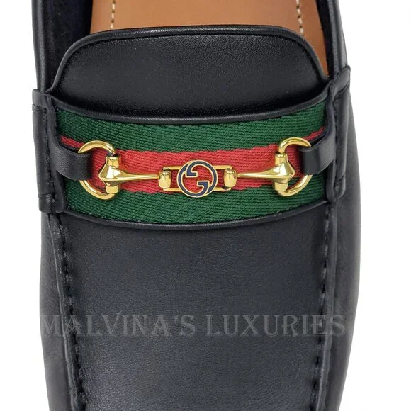GUCCI SHOES MENS BLACK LEATHER HORSEBIT LOGO DRIVER LOAFERS w WEB sz 13 13.5 - Picture 12 of 16